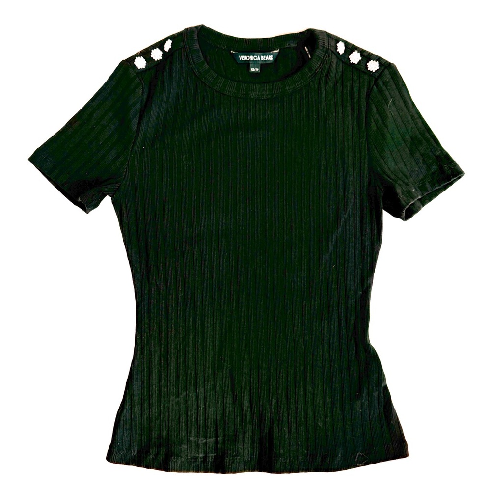 Veronica Beard Draya Women Size XS Black Ribbed Knit Short Sleeve Top Rhinestone